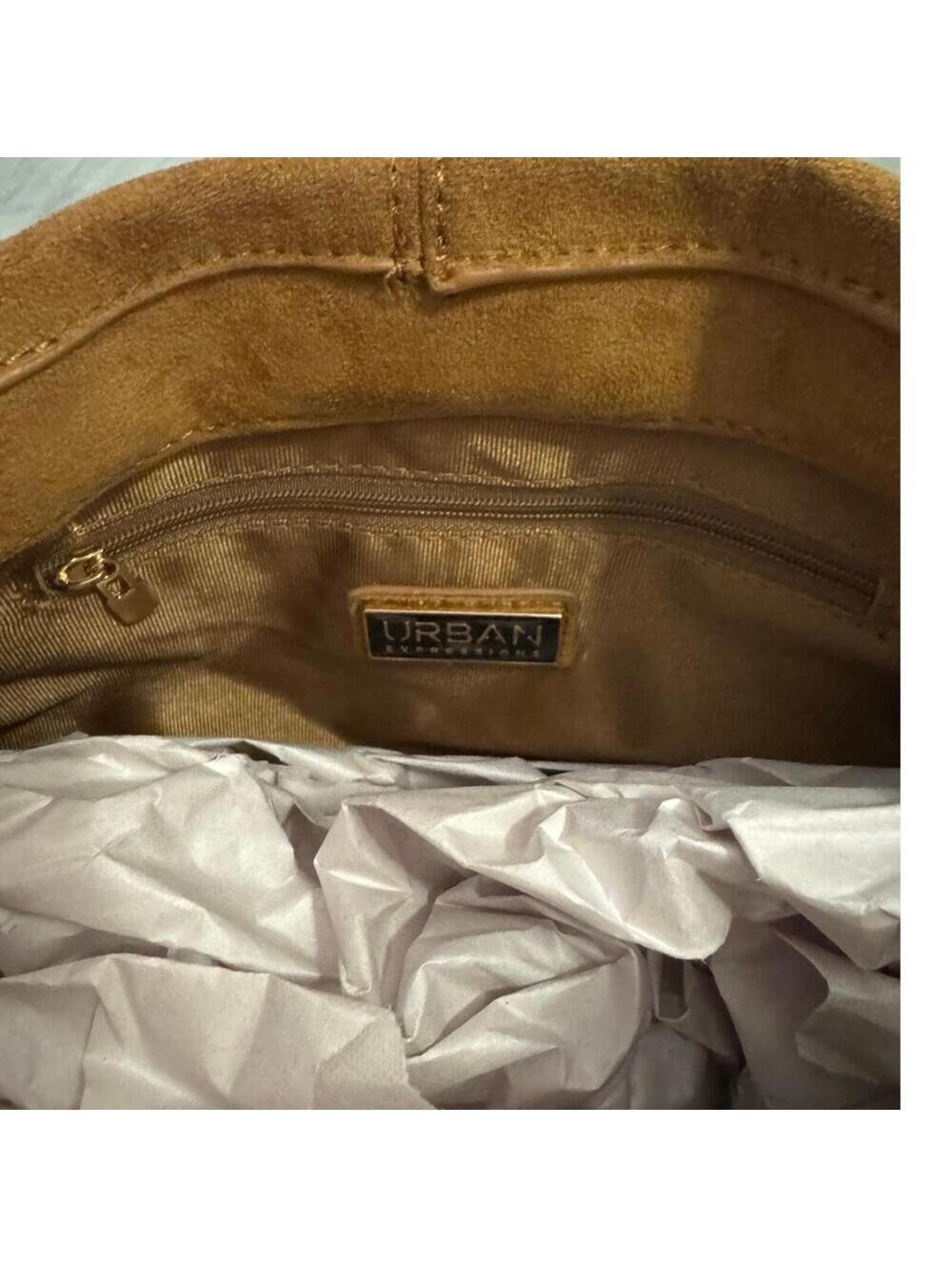 MODALUXE FAUX SUEDE CLUTCH Tan Brown Purse Anthropologie Crossbody gold chain - Picture 7 of 8